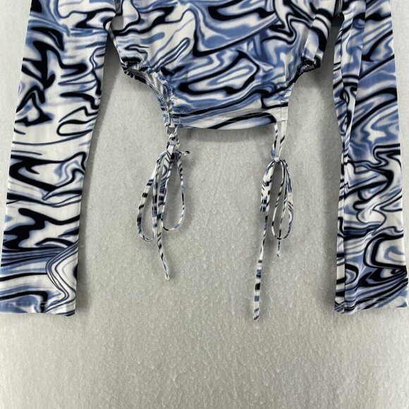 SheIn T Shirt Womens 4 Blue White Marble Print Tee Cut Out Round Neck Tie Side - Picture 7 of 12